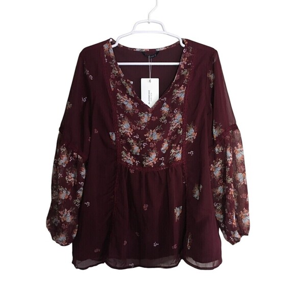Bloomchic Tops - Bloomchic Top Women's Size 12 Maroon Floral Long Sleeve